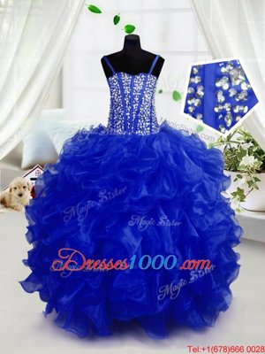 Super Royal Blue Ball Gowns Organza Spaghetti Straps Sleeveless Beading and Ruffles Floor Length Lace Up Womens Party Dresses
