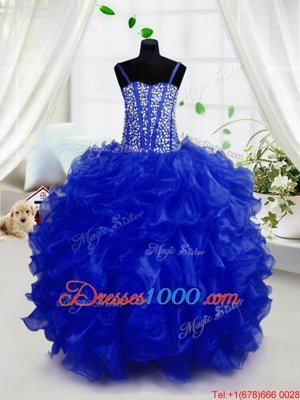 Super Royal Blue Ball Gowns Organza Spaghetti Straps Sleeveless Beading and Ruffles Floor Length Lace Up Womens Party Dresses