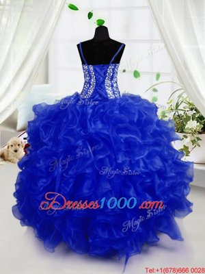 Super Royal Blue Ball Gowns Organza Spaghetti Straps Sleeveless Beading and Ruffles Floor Length Lace Up Womens Party Dresses