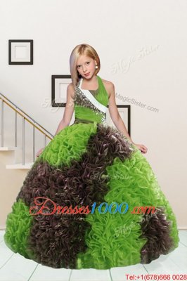 Halter Top Apple Green and Chocolate Ball Gowns Beading and Ruffles Little Girl Pageant Dress Lace Up Fabric With Rolling Flowers Sleeveless Floor Length
