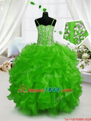Green Ball Gowns Organza Spaghetti Straps Sleeveless Beading and Ruffles Floor Length Lace Up Girls Pageant Dresses