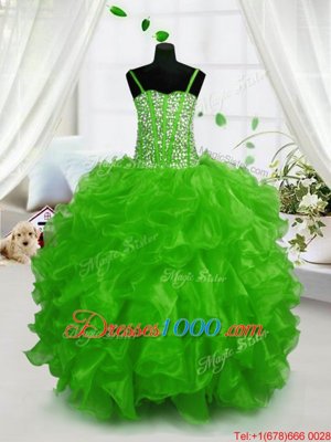 Green Ball Gowns Organza Spaghetti Straps Sleeveless Beading and Ruffles Floor Length Lace Up Girls Pageant Dresses