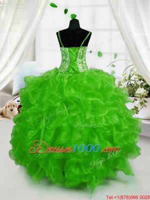 Green Ball Gowns Organza Spaghetti Straps Sleeveless Beading and Ruffles Floor Length Lace Up Girls Pageant Dresses