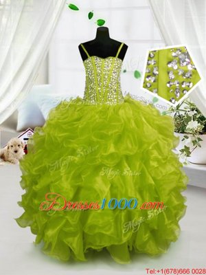 Yellow Green Lace Up Party Dress for Girls Beading and Ruffles Sleeveless Floor Length