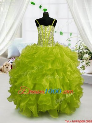 Yellow Green Lace Up Party Dress for Girls Beading and Ruffles Sleeveless Floor Length