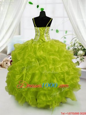 Yellow Green Lace Up Party Dress for Girls Beading and Ruffles Sleeveless Floor Length