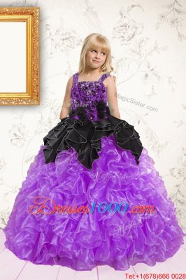 Straps Sleeveless Kids Formal Wear Floor Length Beading and Ruffles Black and Purple Organza