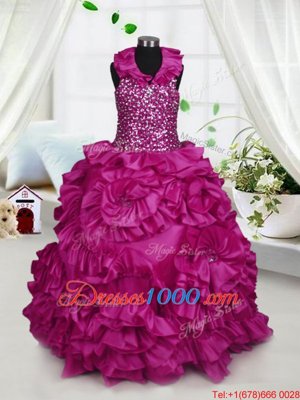 Halter Top Sleeveless Floor Length Beading and Ruffles Zipper Child Pageant Dress with Fuchsia