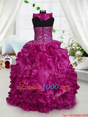 Halter Top Sleeveless Floor Length Beading and Ruffles Zipper Child Pageant Dress with Fuchsia