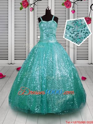 Fashionable Sleeveless Sequined Floor Length Lace Up Little Girls Pageant Dress Wholesale in Turquoise for with Beading and Sequins