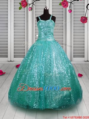 Fashionable Sleeveless Sequined Floor Length Lace Up Little Girls Pageant Dress Wholesale in Turquoise for with Beading and Sequins