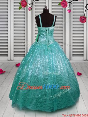 Fashionable Sleeveless Sequined Floor Length Lace Up Little Girls Pageant Dress Wholesale in Turquoise for with Beading and Sequins