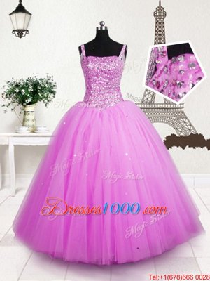 Rose Pink Sleeveless Floor Length Beading and Sequins Lace Up Little Girl Pageant Dress