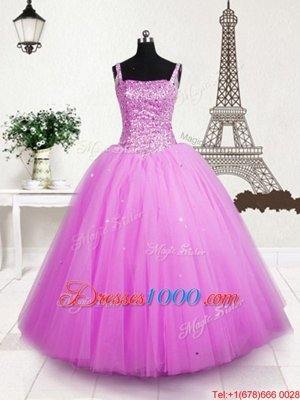 Rose Pink Sleeveless Floor Length Beading and Sequins Lace Up Little Girl Pageant Dress