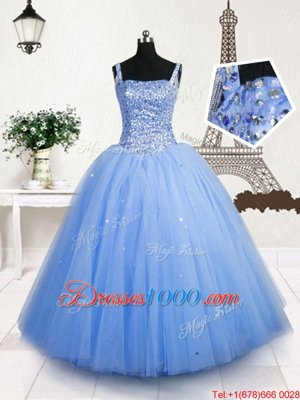 Popular Baby Blue Tulle Lace Up Straps Sleeveless Floor Length Girls Pageant Dresses Beading and Sequins