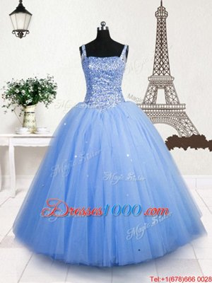 Popular Baby Blue Tulle Lace Up Straps Sleeveless Floor Length Girls Pageant Dresses Beading and Sequins