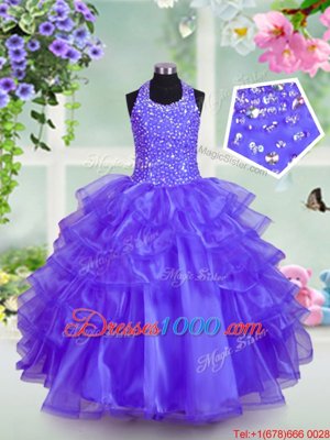 Trendy Ruffled Halter Top Sleeveless Lace Up Little Girls Pageant Dress Wholesale Blue Organza