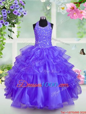 Trendy Ruffled Halter Top Sleeveless Lace Up Little Girls Pageant Dress Wholesale Blue Organza