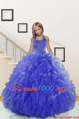 Halter Top Floor Length Lace Up Womens Party Dresses Blue and In for Party and Wedding Party with Beading and Ruffles