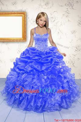 Blue Lace Up Little Girl Pageant Gowns Beading and Ruffles and Pick Ups Sleeveless Floor Length