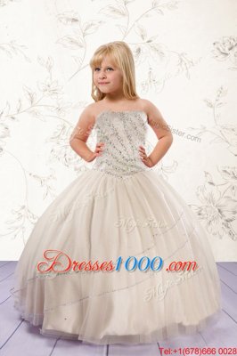 Sleeveless Tulle Floor Length Lace Up Girls Pageant Dresses in Champagne for with Beading