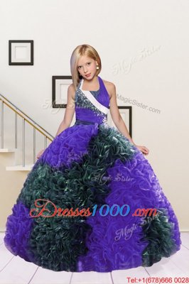Dark Green and Eggplant Purple Fabric With Rolling Flowers Lace Up Halter Top Sleeveless Floor Length Pageant Gowns For Girls Beading and Ruffles