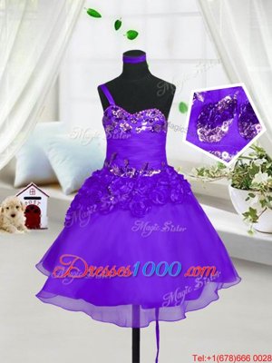 Dazzling Eggplant Purple Organza Lace Up Juniors Party Dress Sleeveless Knee Length Beading and Hand Made Flower