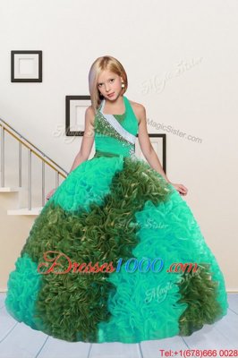 Green Halter Top Neckline Beading and Ruffles Little Girls Pageant Dress Sleeveless Lace Up