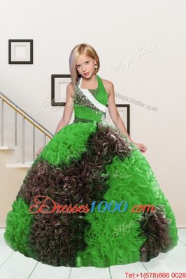 Apple Green and Chocolate Ball Gowns Halter Top Sleeveless Fabric With Rolling Flowers Floor Length Lace Up Beading and Ruffles Teens Party Dress
