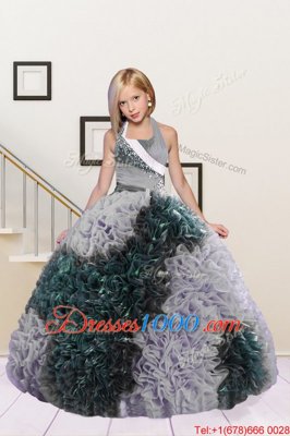 Charming Halter Top Dark Green and Silver Ball Gowns Beading and Ruffles Child Pageant Dress Lace Up Fabric With Rolling Flowers Sleeveless Floor Length