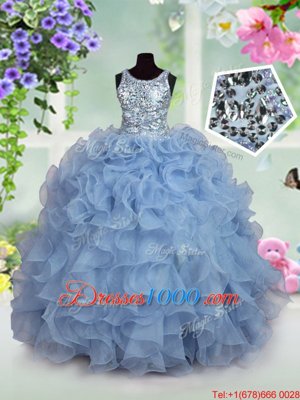 Grey Tulle Lace Up Strapless Sleeveless Floor Length Little Girl Pageant Gowns Beading