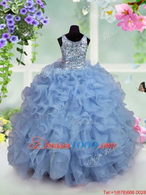 New Style Light Blue Scoop Neckline Ruffles and Sequins Girls Pageant Dresses Sleeveless Zipper