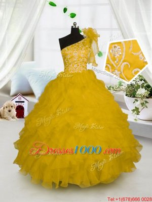 Simple One Shoulder Floor Length Ball Gowns Sleeveless Gold Party Dress for Girls Side Zipper