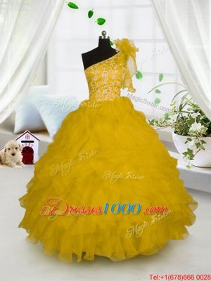 Simple One Shoulder Floor Length Ball Gowns Sleeveless Gold Party Dress for Girls Side Zipper