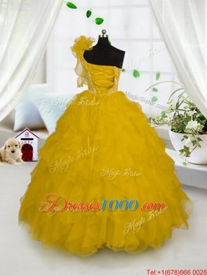 Simple One Shoulder Floor Length Ball Gowns Sleeveless Gold Party Dress for Girls Side Zipper