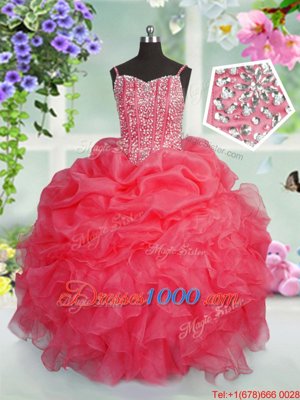 Rose Pink Ball Gowns Beading and Ruffles and Pick Ups Pageant Gowns For Girls Lace Up Organza Sleeveless Floor Length