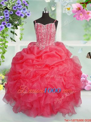 Rose Pink Ball Gowns Beading and Ruffles and Pick Ups Pageant Gowns For Girls Lace Up Organza Sleeveless Floor Length