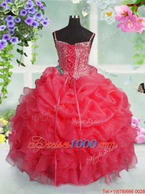 Rose Pink Ball Gowns Beading and Ruffles and Pick Ups Pageant Gowns For Girls Lace Up Organza Sleeveless Floor Length