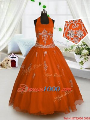 Halter Top Red A-line Appliques Little Girl Pageant Dress Lace Up Tulle Sleeveless Floor Length