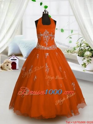 Halter Top Red A-line Appliques Little Girl Pageant Dress Lace Up Tulle Sleeveless Floor Length