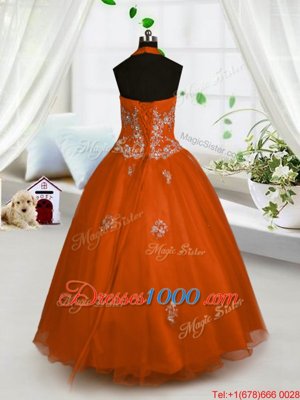 Halter Top Red A-line Appliques Little Girl Pageant Dress Lace Up Tulle Sleeveless Floor Length