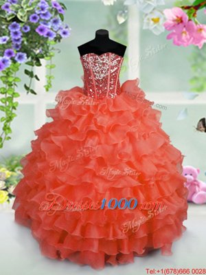 Coral Red Ball Gowns Sweetheart Sleeveless Organza Floor Length Lace Up Ruffled Layers and Sequins Pageant Gowns For Girls