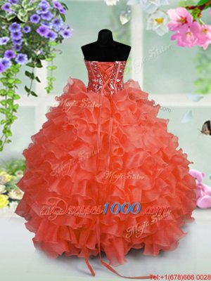 Coral Red Ball Gowns Sweetheart Sleeveless Organza Floor Length Lace Up Ruffled Layers and Sequins Pageant Gowns For Girls