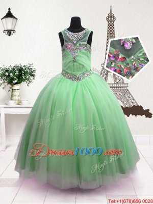 Popular Scoop Apple Green Sleeveless Beading Floor Length Little Girls Pageant Gowns
