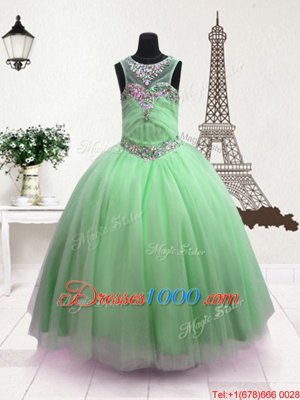 Popular Scoop Apple Green Sleeveless Beading Floor Length Little Girls Pageant Gowns