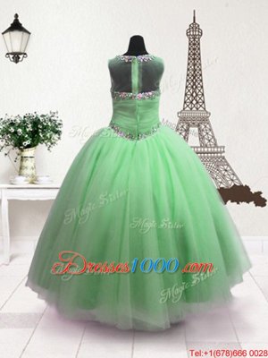 Popular Scoop Apple Green Sleeveless Beading Floor Length Little Girls Pageant Gowns