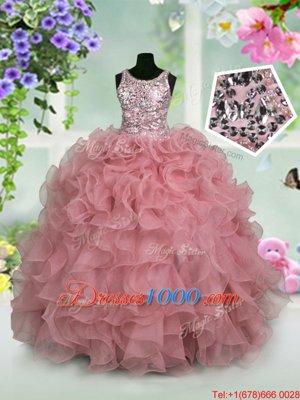 Pink Ball Gowns Scoop Sleeveless Organza Floor Length Zipper Ruffles and Sequins Child Pageant Dress