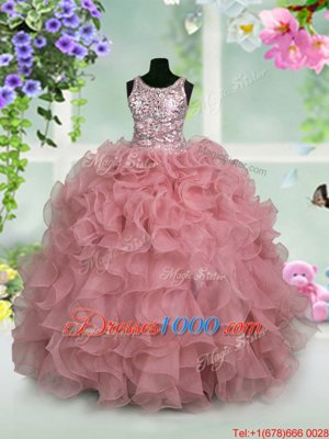 Pink Ball Gowns Scoop Sleeveless Organza Floor Length Zipper Ruffles and Sequins Child Pageant Dress
