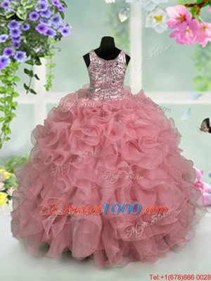 Pink Ball Gowns Scoop Sleeveless Organza Floor Length Zipper Ruffles and Sequins Child Pageant Dress