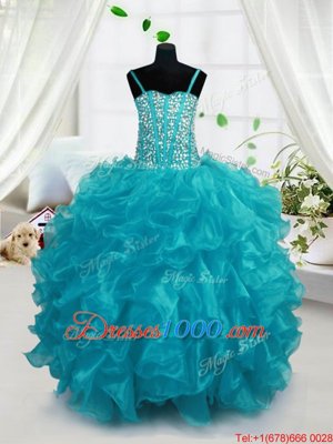 Sleeveless Lace Up Floor Length Beading and Ruffles Little Girls Pageant Dress